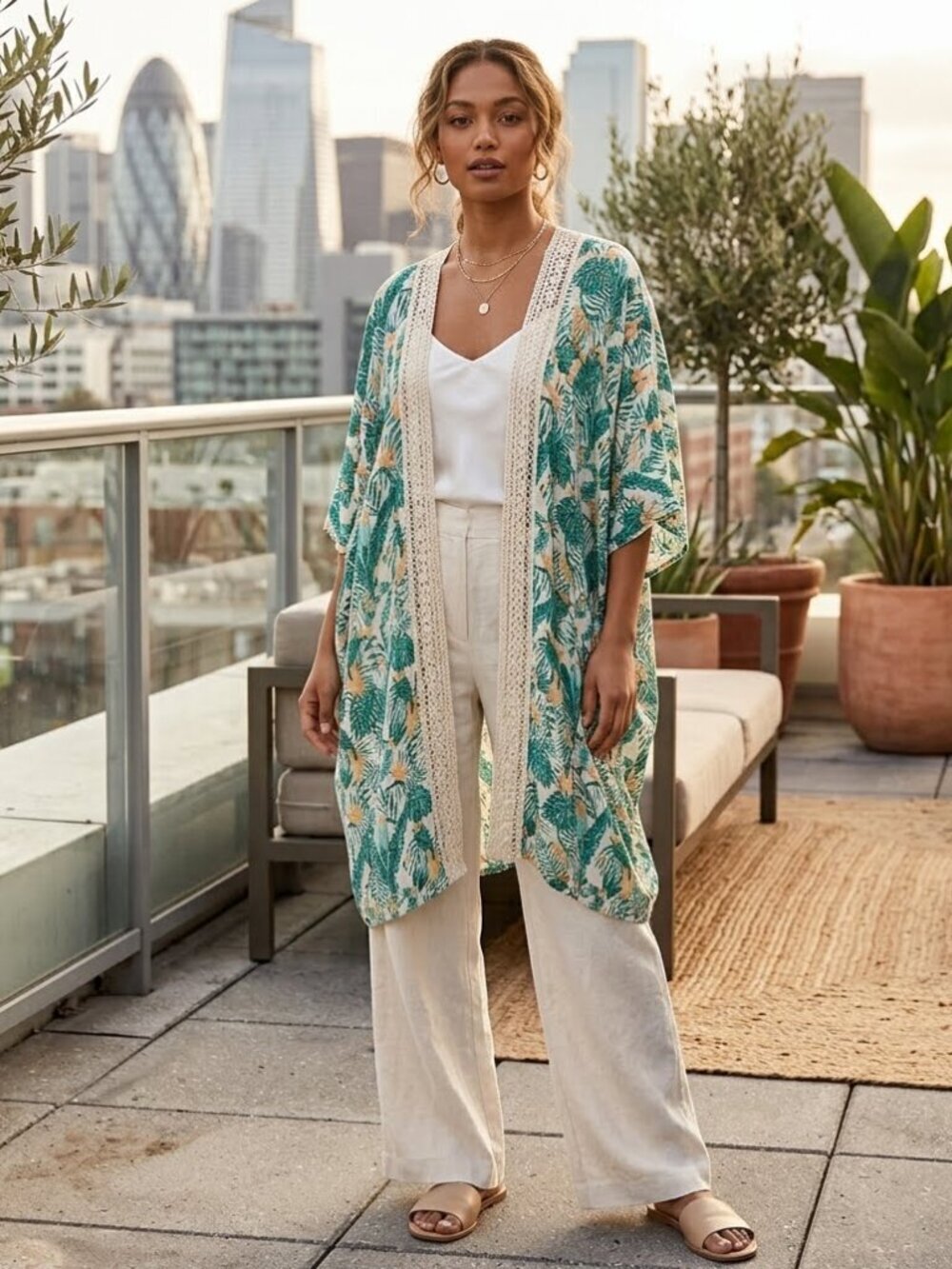 ISA & Stef Women's OS Tropical Print Crochet Lace Open Batwing Kimono Cardigan